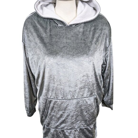 Velour Plush Hoodie Plus Size 2X Shiny Silver Kangaroo Pocket Faux Sherpa Lined - Picture 6 of 11